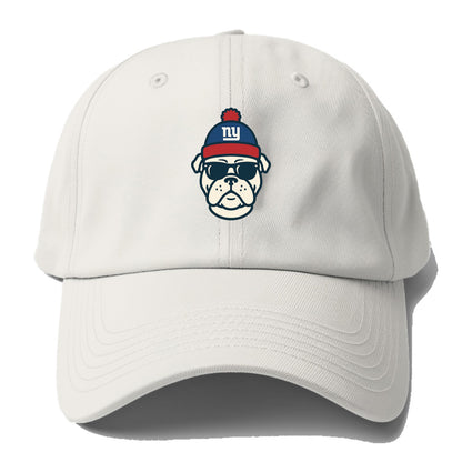 New York Bulldog wearing Giants blue and red beanie with pom pom and wayfarer - Baseball Cap - Off White