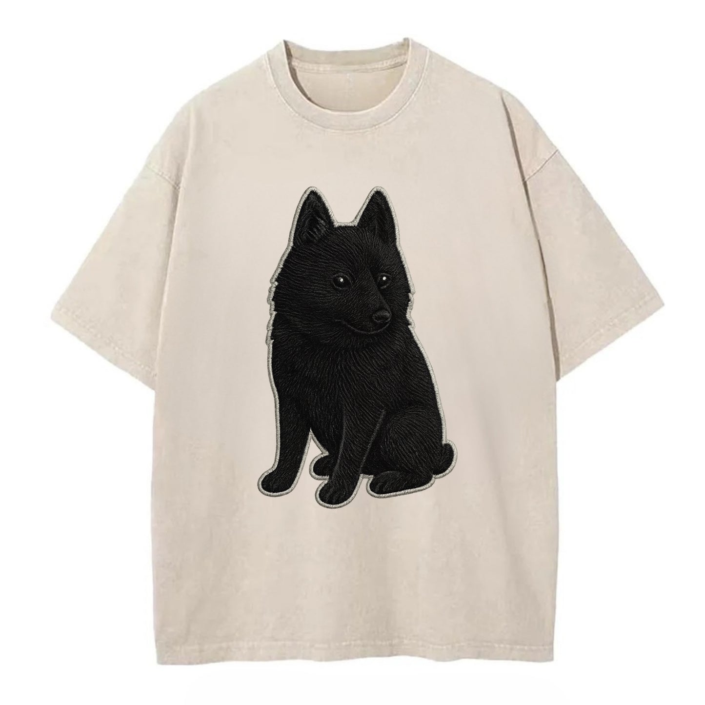 Schipperke - Solid black small embroidered sitting pose - Vintage T-shirt - Off White