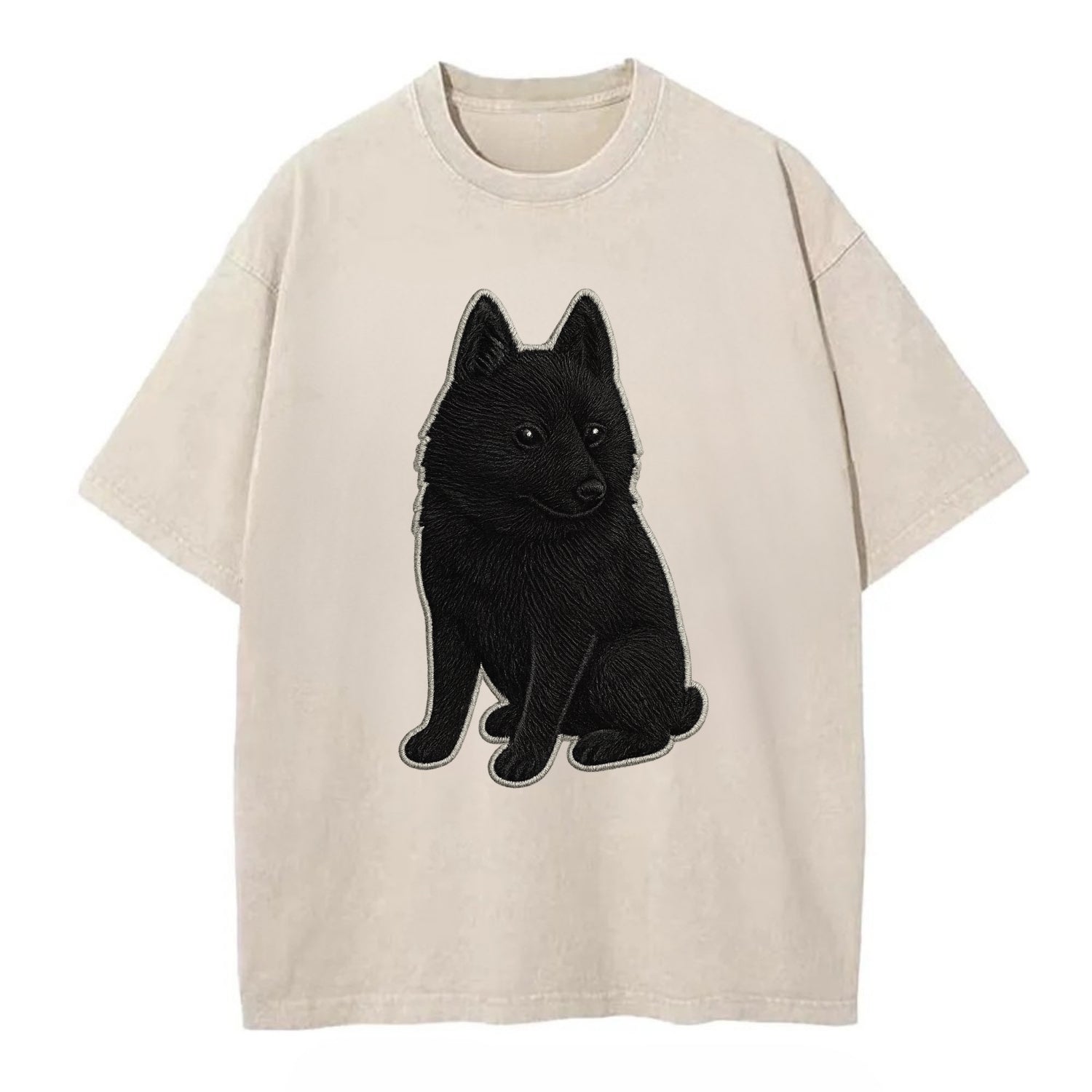 Schipperke - Solid black small embroidered sitting pose - Vintage T-shirt - Off White