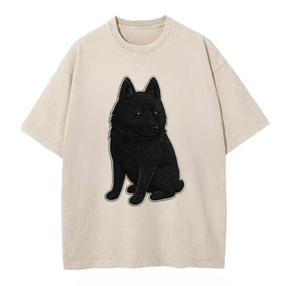 Schipperke - Solid black small embroidered sitting pose - Vintage T-shirt - Off White