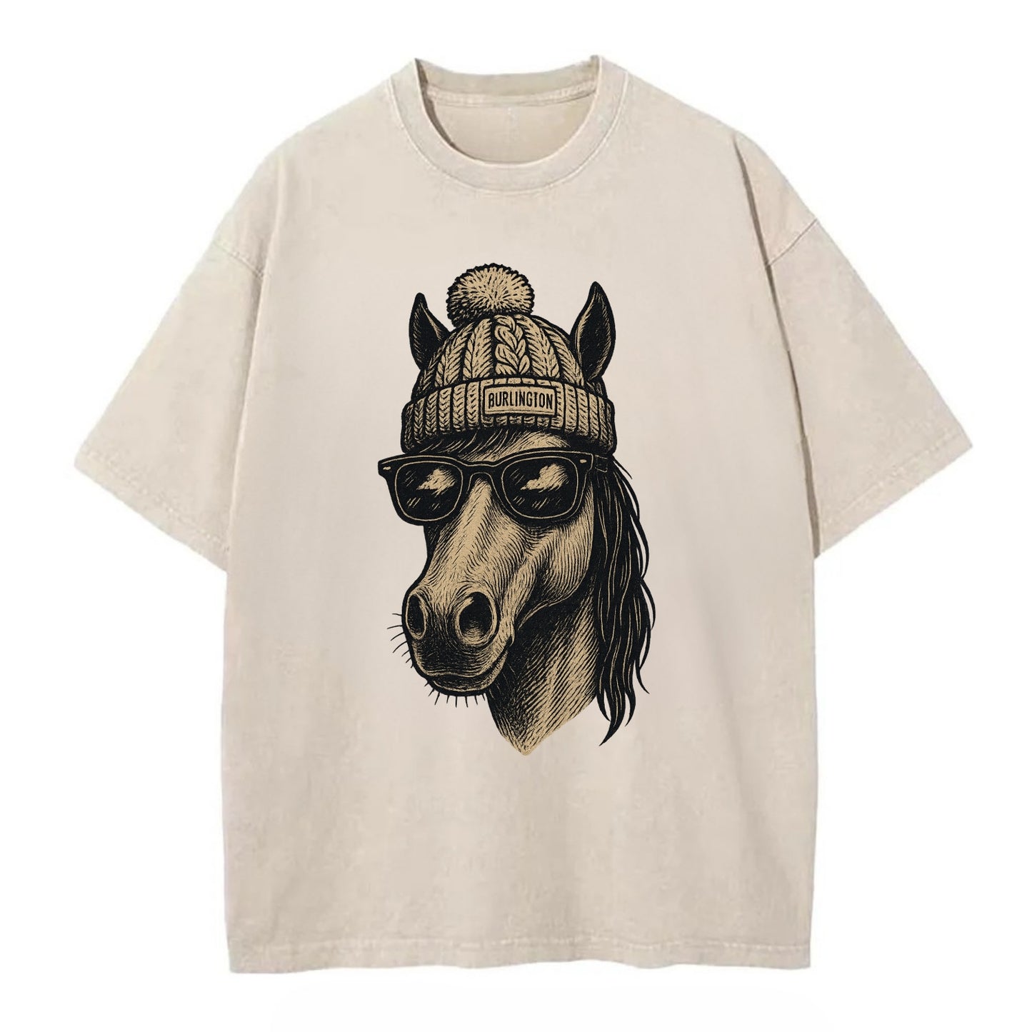 Vermont Morgan Horse wearing Burlington beanie with pom pom and wayfarer - Vintage T-shirt - Off White