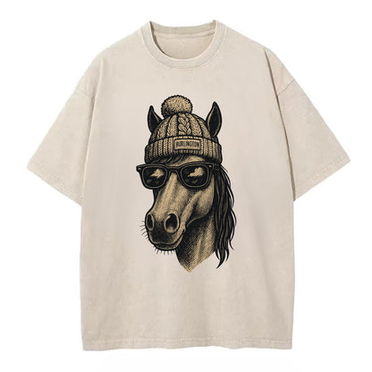 Vermont Morgan Horse wearing Burlington beanie with pom pom and wayfarer - Vintage T-shirt - Off White