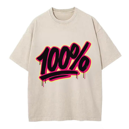 Bold typography design - "100%" - all in, fully committed - Vintage T-shirt - Off White