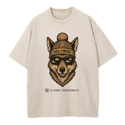 LA Coyote wearing Hollywood beanie with pom pom and wayfarer sunglasses - Vintage T-shirt - Off White