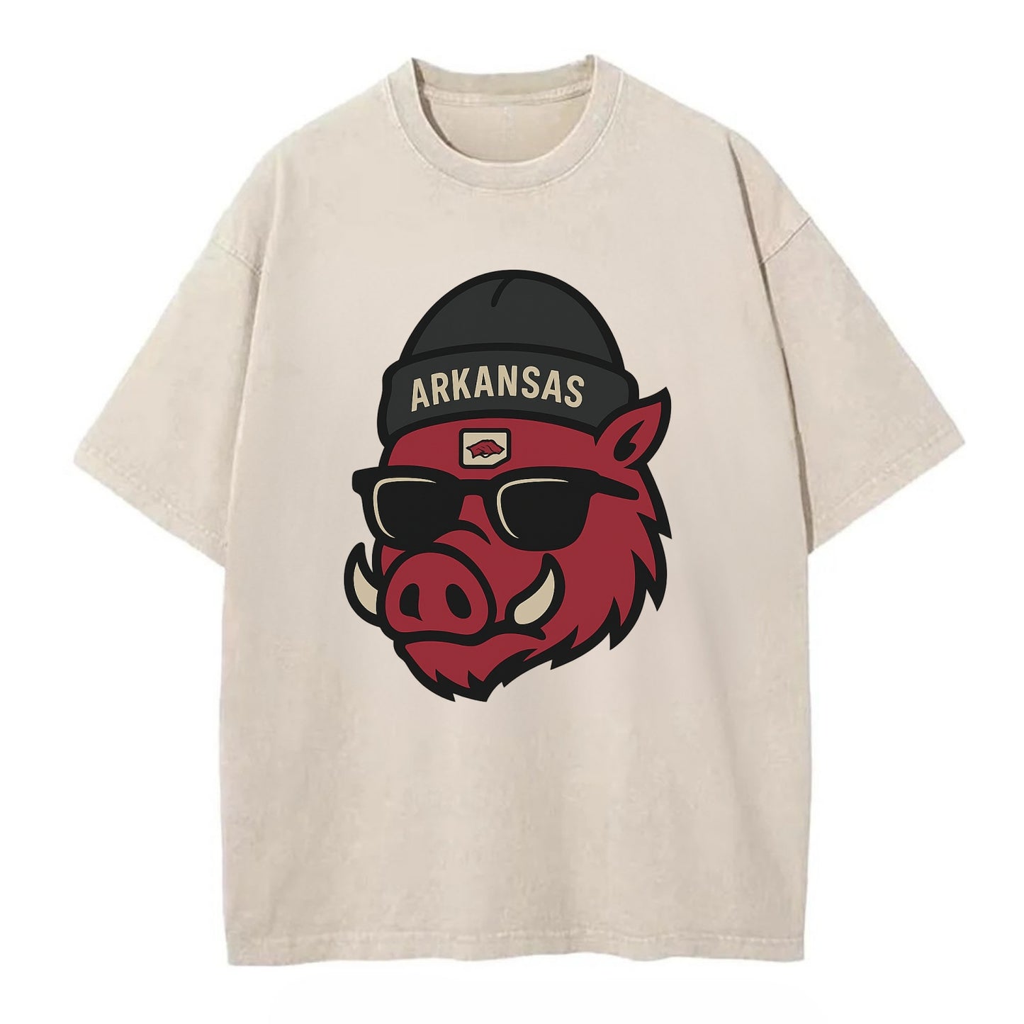 Fayetteville Razorback wearing Arkansas beanie with hog patch - Vintage T-shirt - Off White