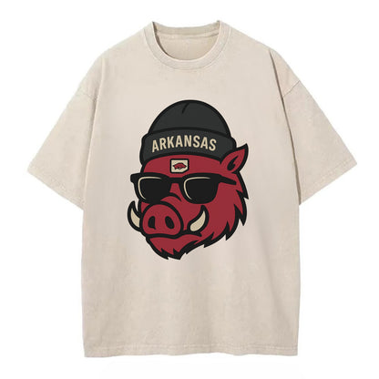 Fayetteville Razorback wearing Arkansas beanie with hog patch - Vintage T-shirt - Off White