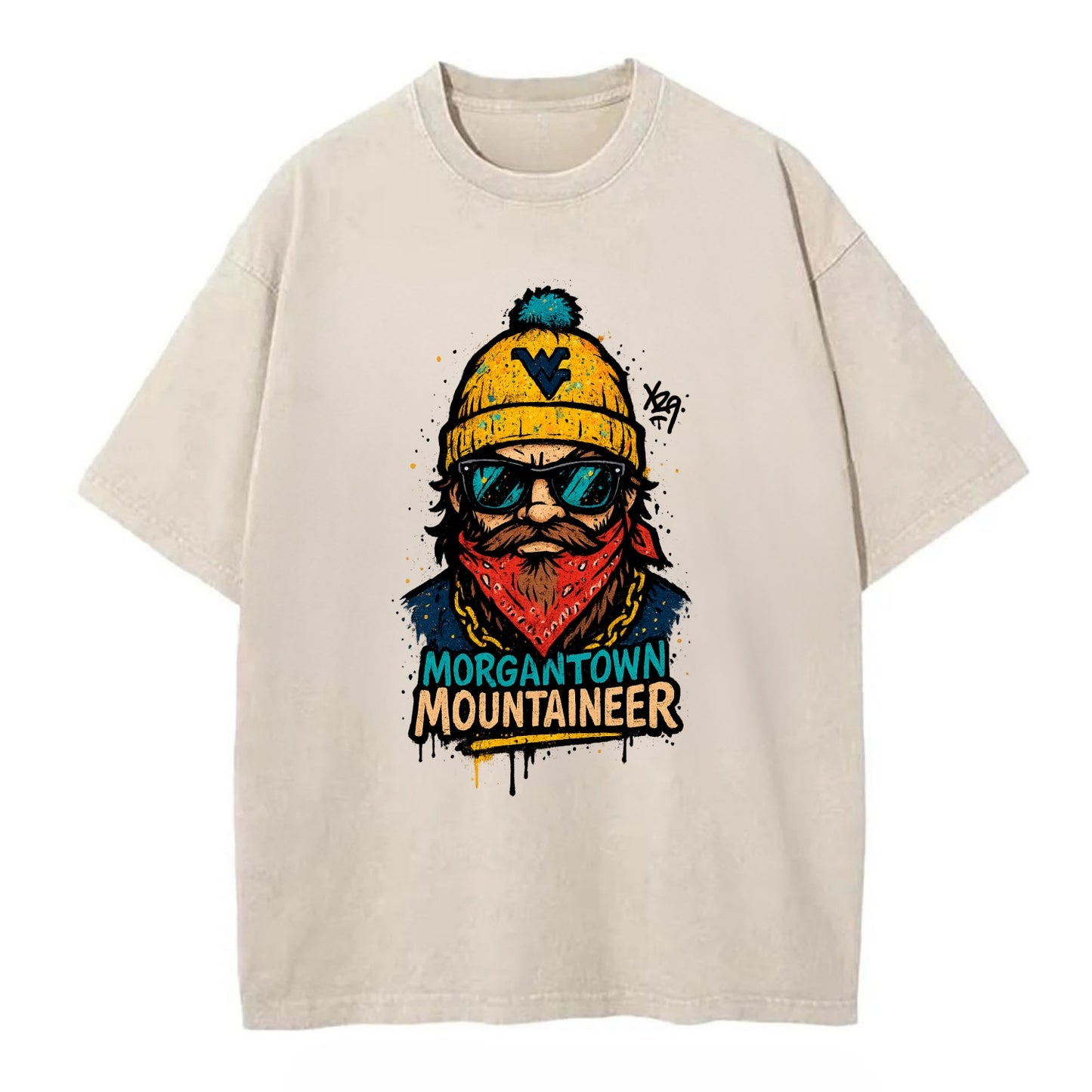 Morgantown Mountaineer wearing West Virginia beanie with WV patch - Vintage T-shirt - Off White