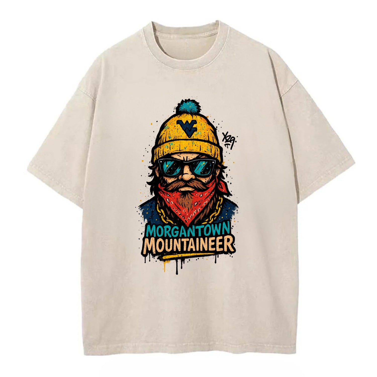 Morgantown Mountaineer wearing West Virginia beanie with WV patch - Vintage T-shirt - Off White