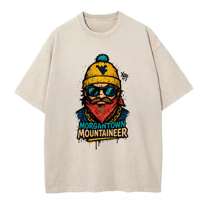 Morgantown Mountaineer wearing West Virginia beanie with WV patch - Vintage T-shirt - Off White