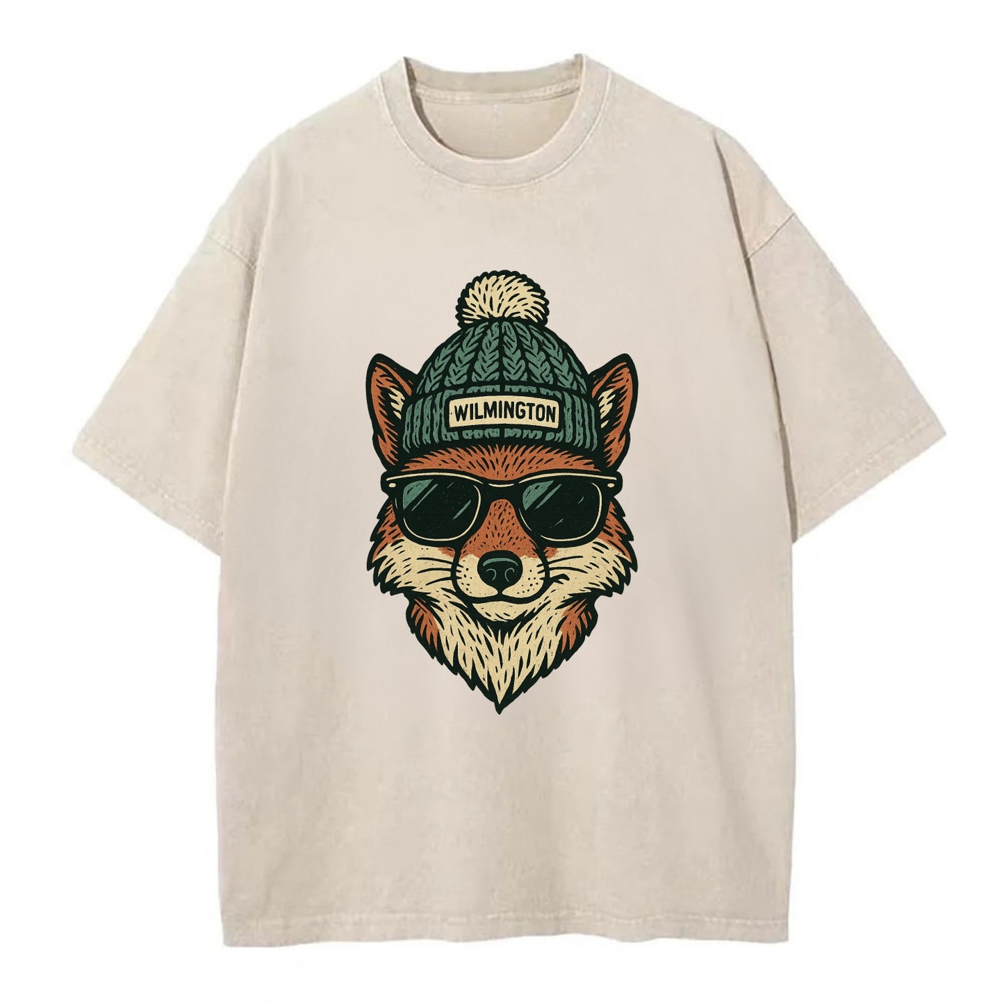 Delaware Gray Fox wearing Wilmington beanie with pom pom and wayfarer sunglasses - Vintage T-shirt - Off White