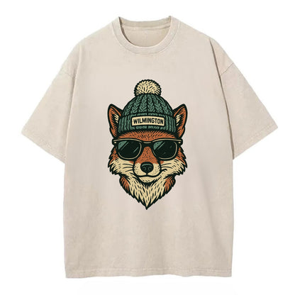 Delaware Gray Fox wearing Wilmington beanie with pom pom and wayfarer sunglasses - Vintage T-shirt - Off White