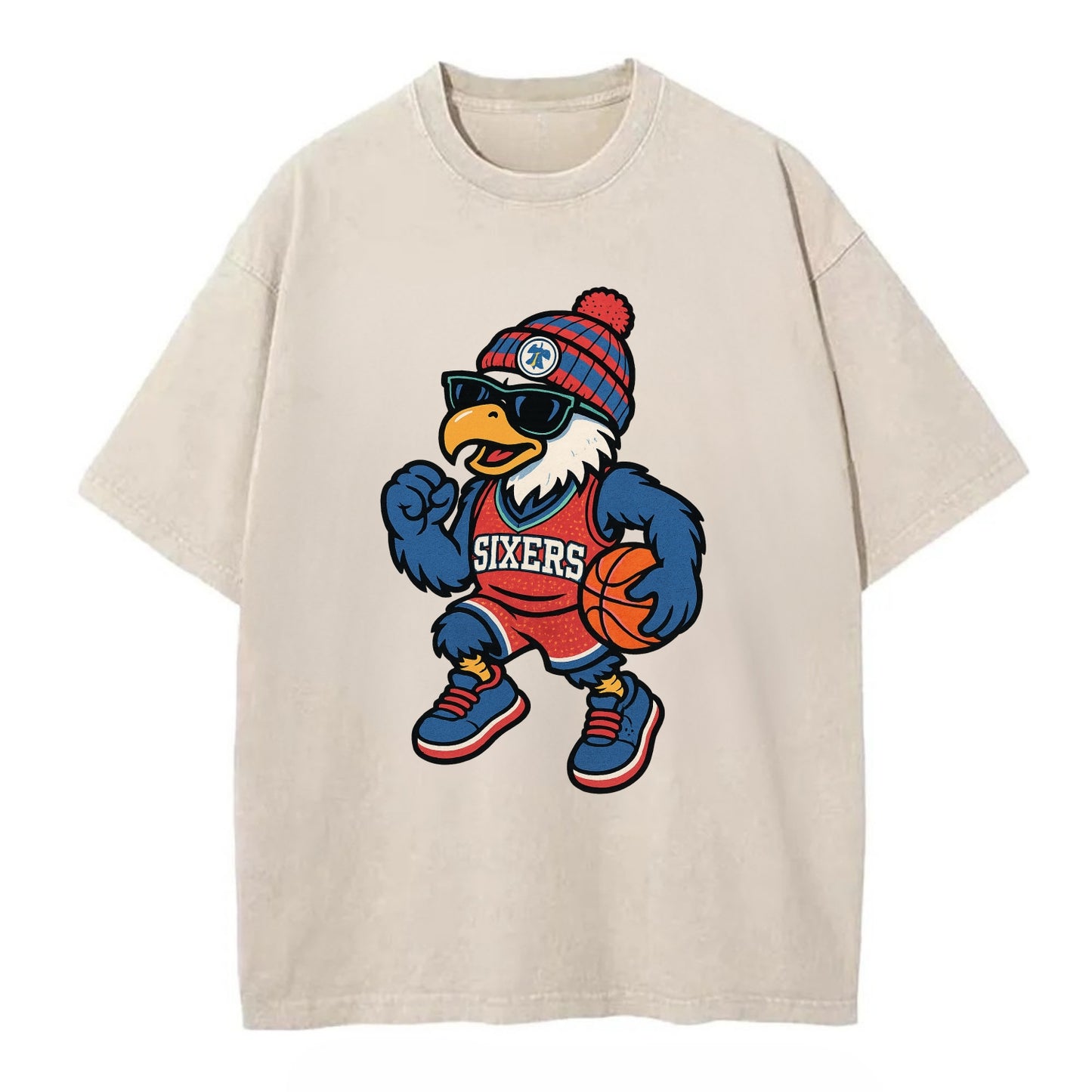 Philadelphia Eagle wearing 76ers red white and blue beanie with bell patch and - Vintage T-shirt - Off White