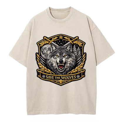 SAVE THE WOLVES - wolf moon in gray , predator protection - Vintage T-shirt - Off White