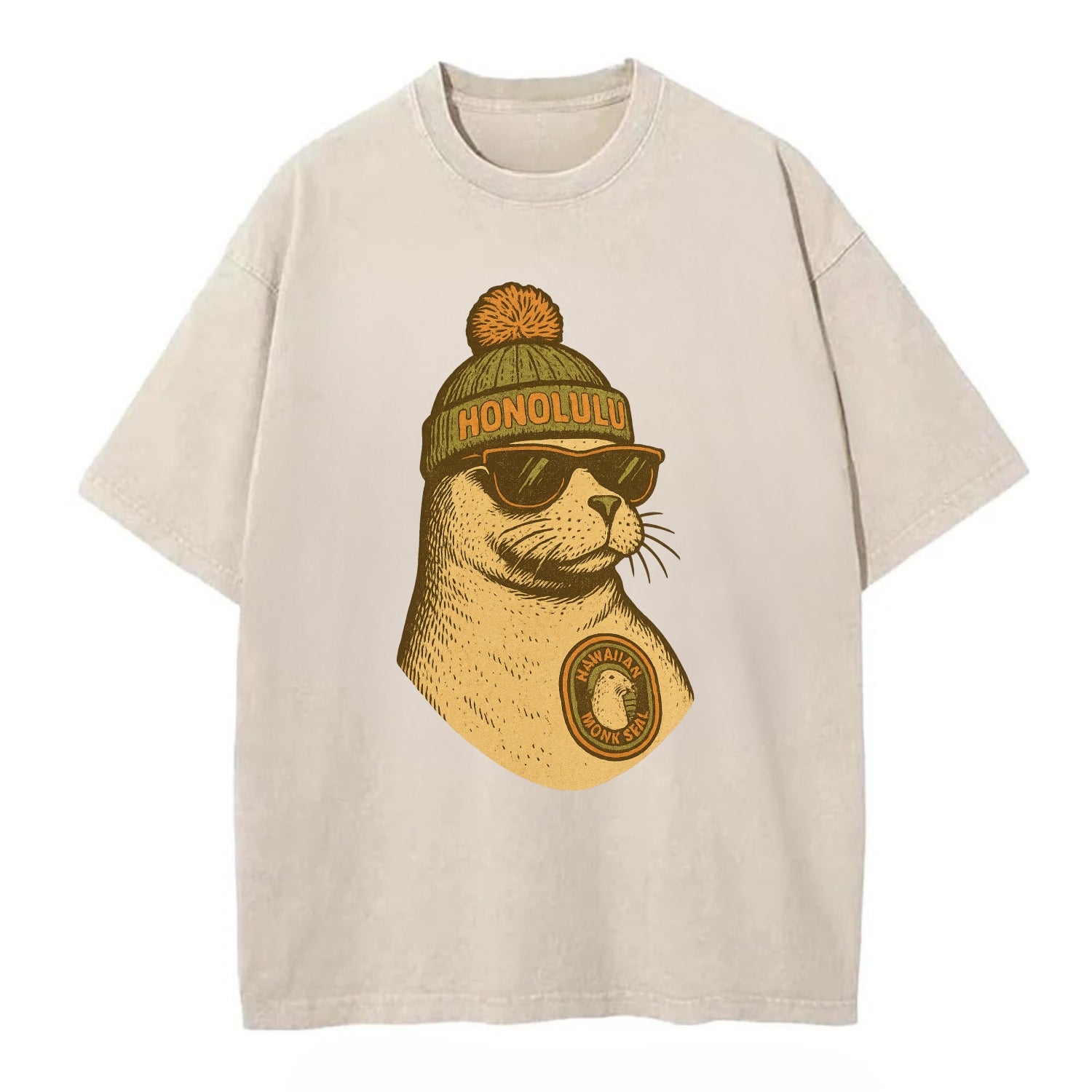 Hawaii Monk Seal wearing Honolulu beanie with pom pom and wayfarer sunglasses - Vintage T-shirt - Off White