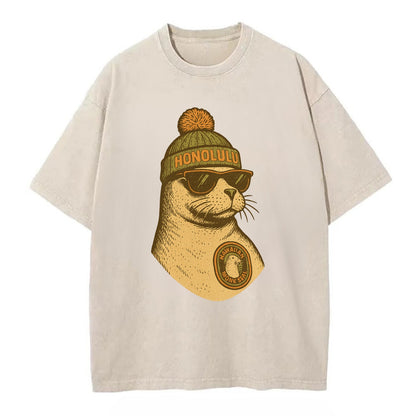 Hawaii Monk Seal wearing Honolulu beanie with pom pom and wayfarer sunglasses - Vintage T-shirt - Off White