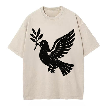 Dove carrying olive branch - peace movement ink painting - Vintage T-shirt - Off White