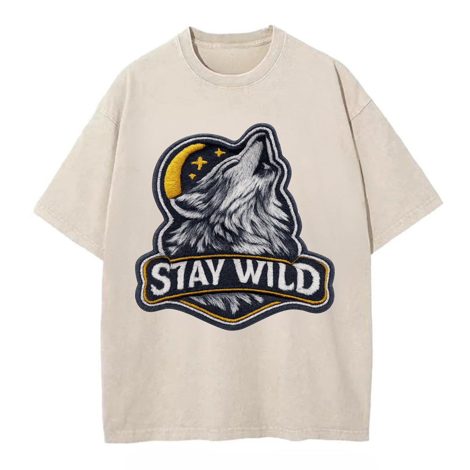 STAY WILD - wolf with text in gray , free spirit - Vintage T-shirt - Off White