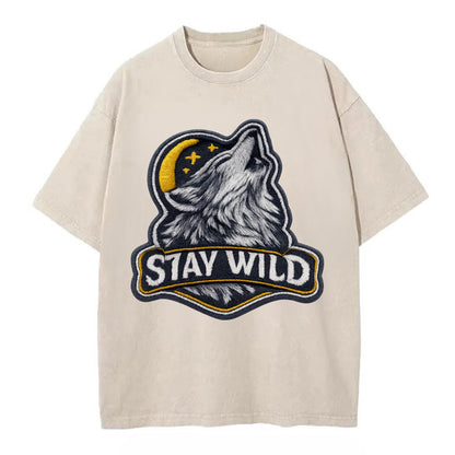 STAY WILD - wolf with text in gray , free spirit - Vintage T-shirt - Off White