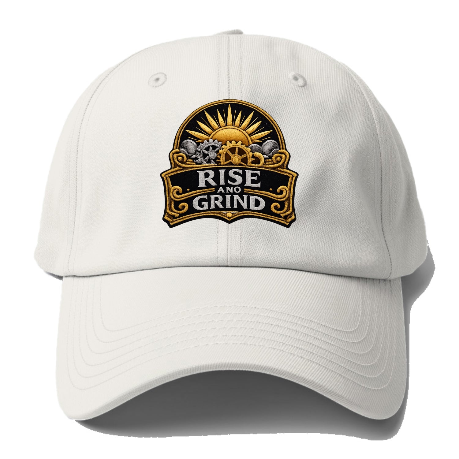 RISE AND GRIND - sun with gears in gold , morning motivation - Baseball Cap For Big Heads - Off White