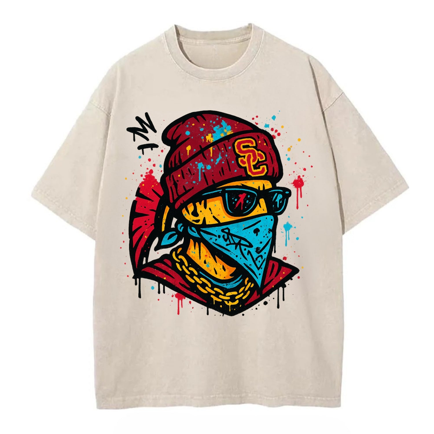 Los Angeles Trojan wearing USC beanie with SC patch - Vintage T-shirt - Off White