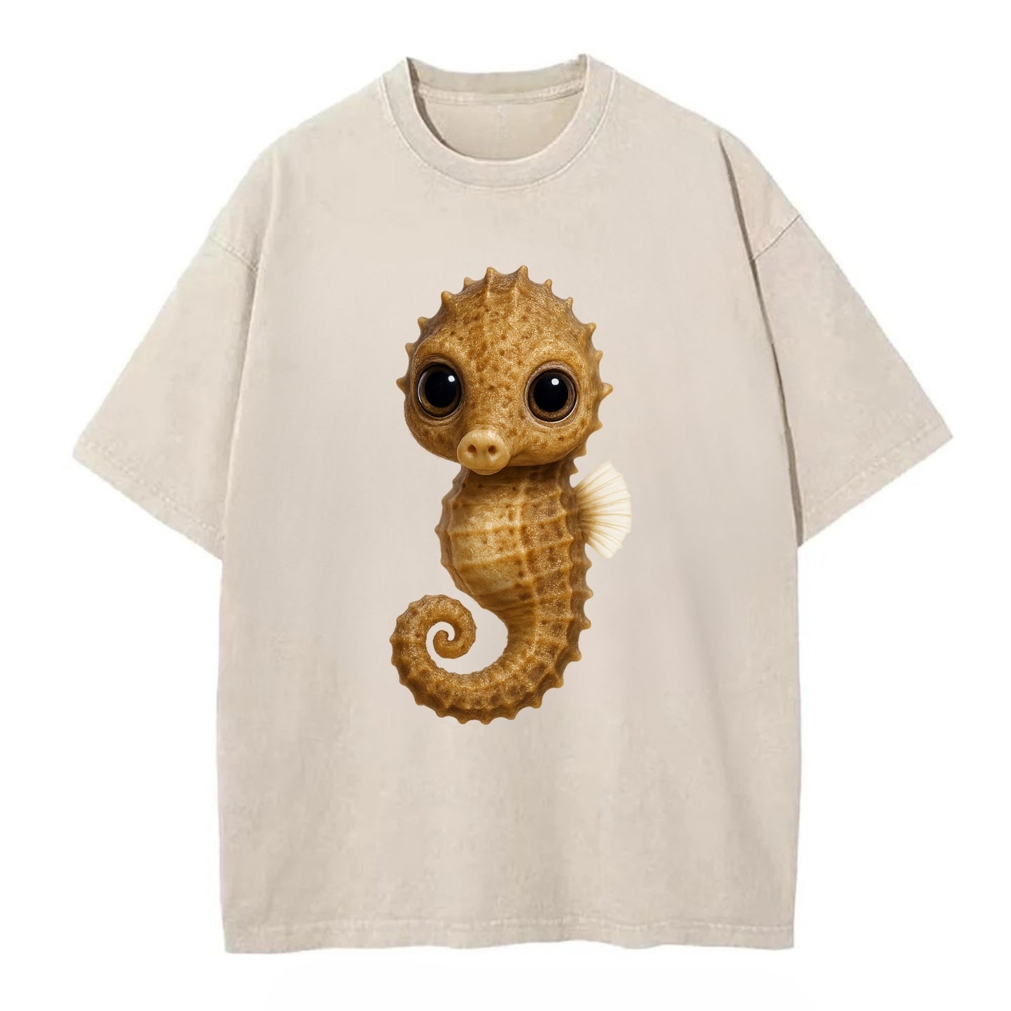 Baby Seahorse - curled tail, snout, large eyes, front-facing, delicate and cute - Vintage T-shirt - Off White