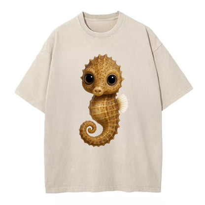 Baby Seahorse - curled tail, snout, large eyes, front-facing, delicate and cute - Vintage T-shirt - Off White