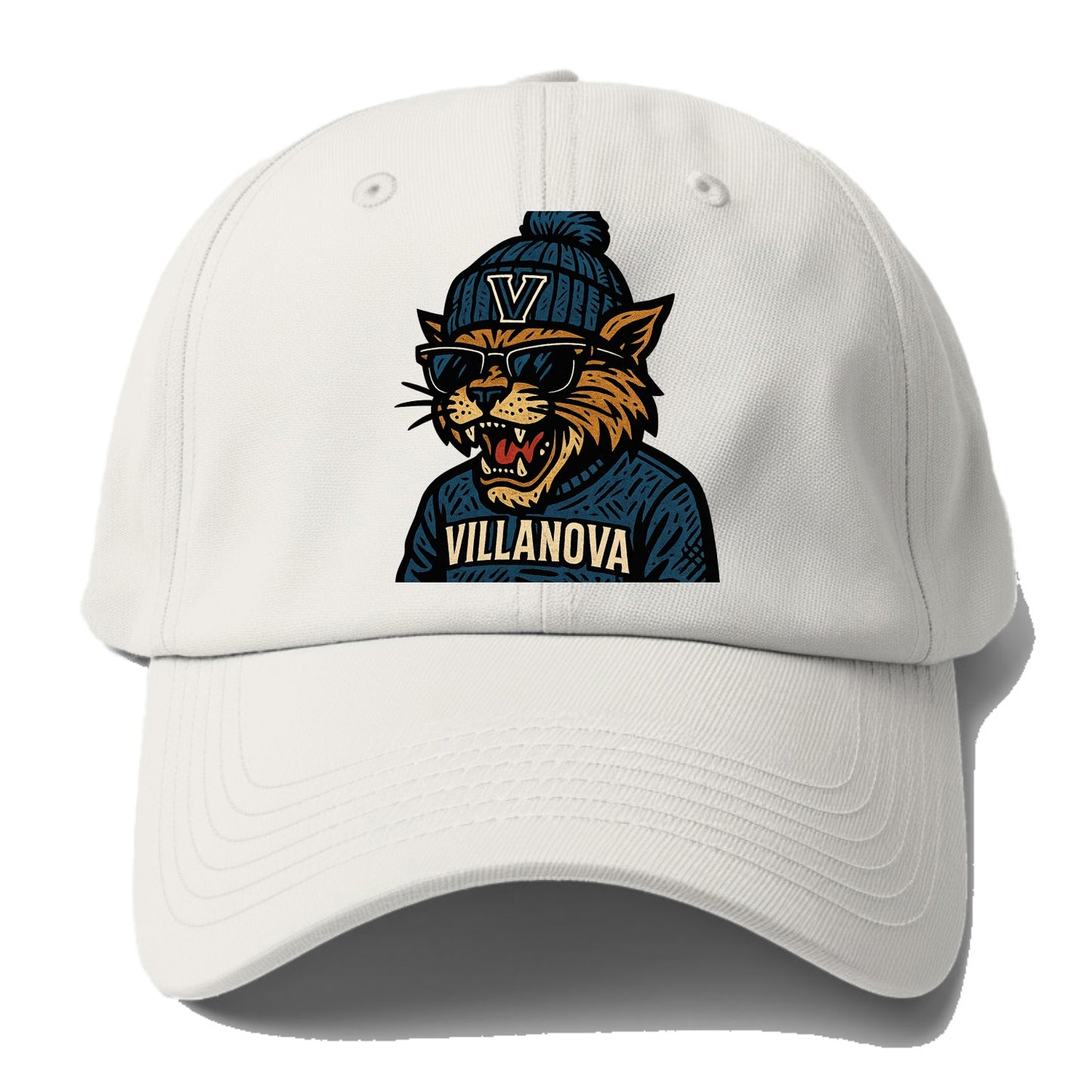 Villanova Wildcat wearing Villanova beanie with V patch - Baseball Cap - Off White