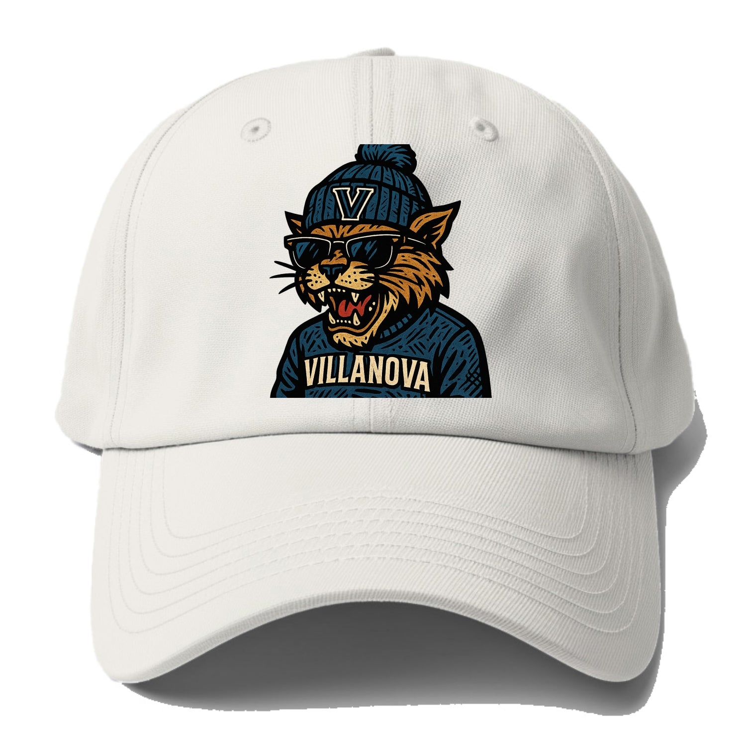 Villanova Wildcat wearing Villanova beanie with V patch - Baseball Cap - Off White