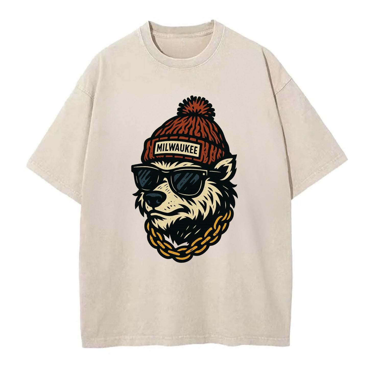 Milwaukee Badger wearing Milwaukee beanie with pom pom and wayfarer sunglasses - Vintage T-shirt - Off White