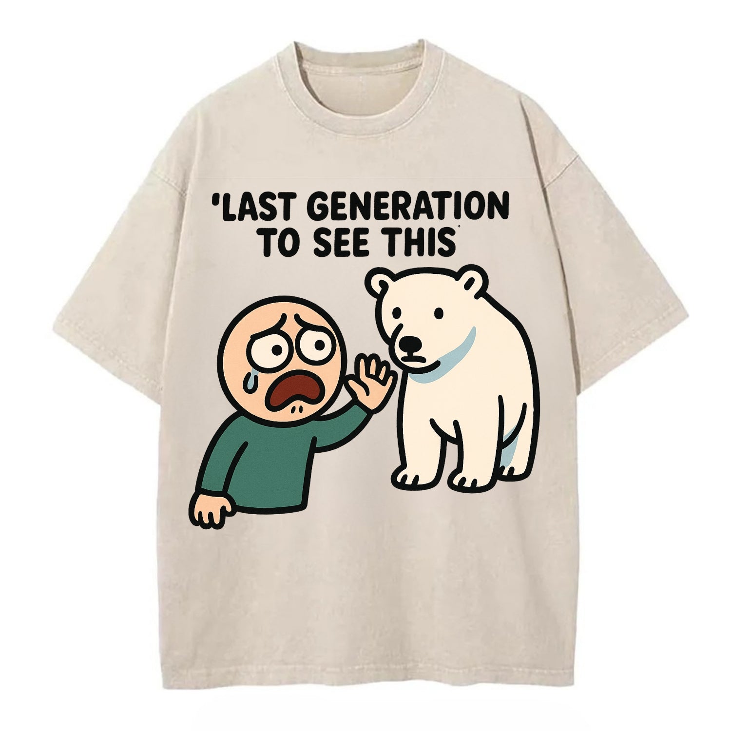Person waving goodbye to polar bear - "Last generation to see this" - extinction - Vintage T-shirt - Off White