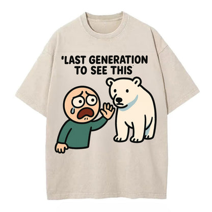 Person waving goodbye to polar bear - "Last generation to see this" - extinction - Vintage T-shirt - Off White