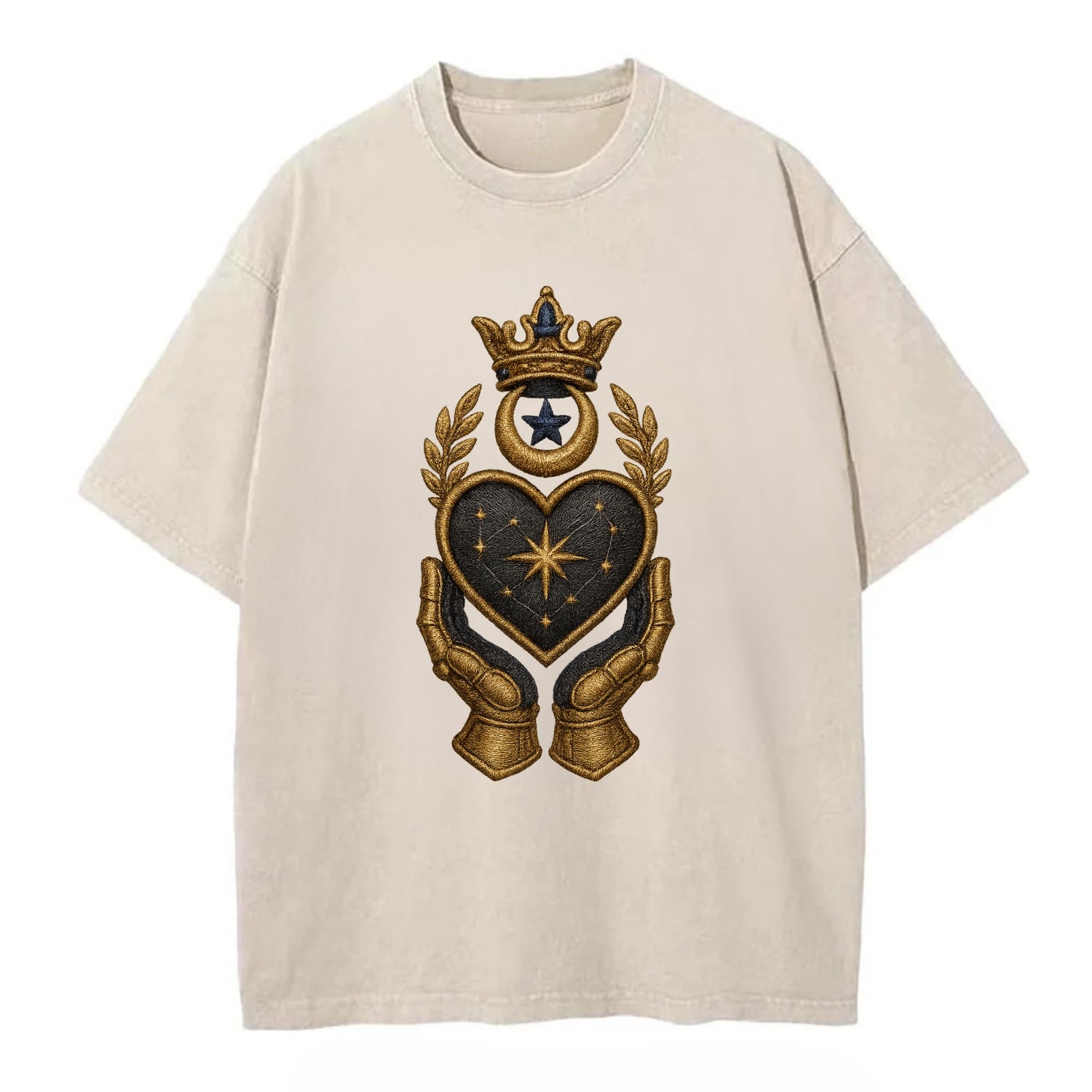 Crowned heart with Art Deco sunburst crown and geometric filigree hands cradling - Vintage T-shirt - Off White