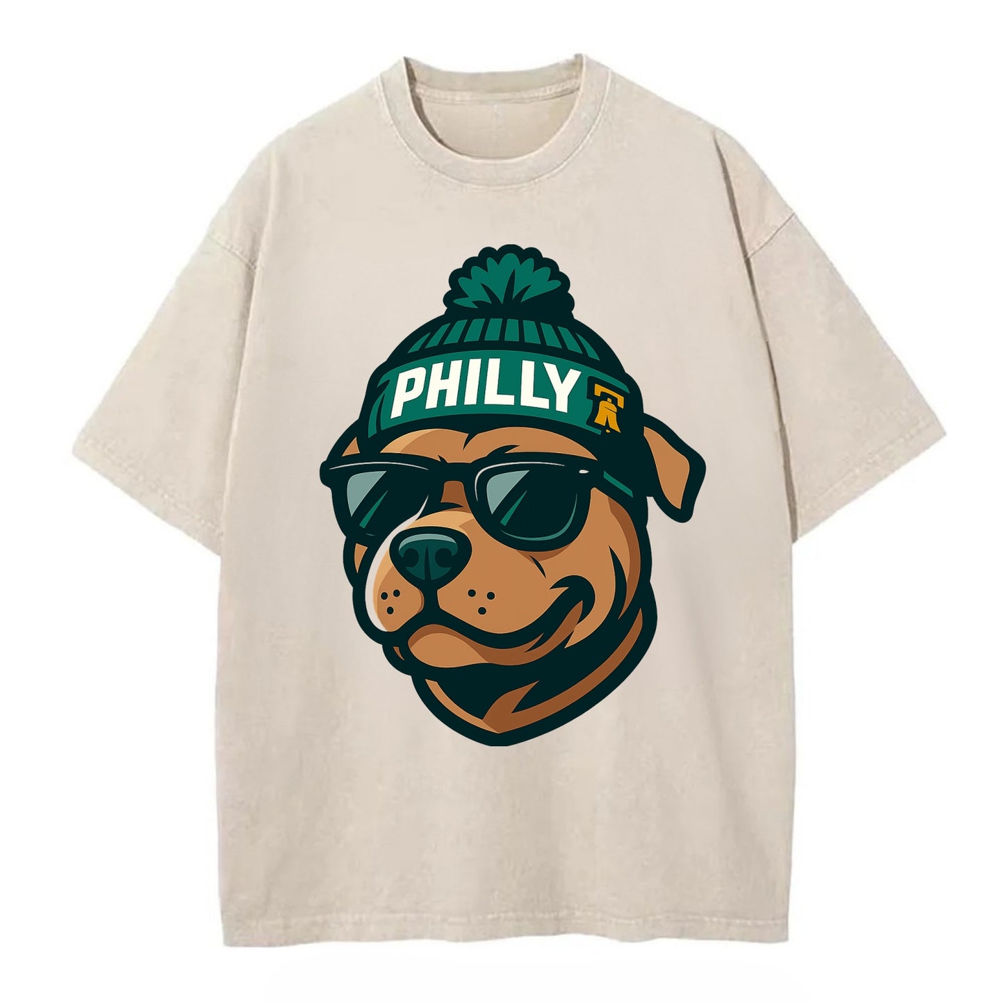 Philly Pitbull wearing Eagles beanie with Liberty Bell patch and wayfarer - Vintage T-shirt - Off White
