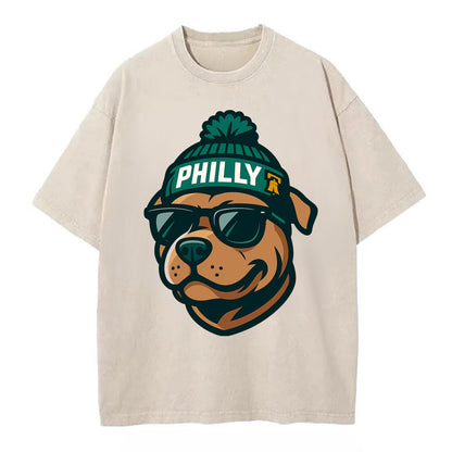 Philly Pitbull wearing Eagles beanie with Liberty Bell patch and wayfarer - Vintage T-shirt - Off White