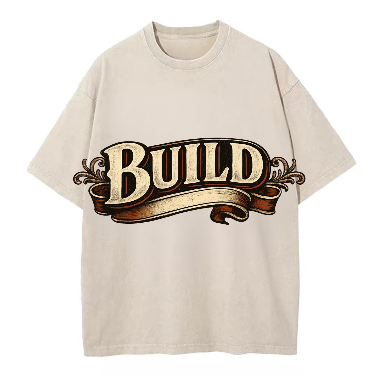 Bold typography design - "BUILD" - constructing, making real - Vintage T-shirt - Off White