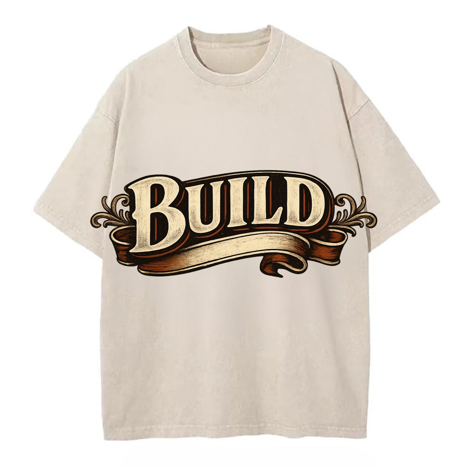Bold typography design - "BUILD" - constructing, making real - Vintage T-shirt - Off White