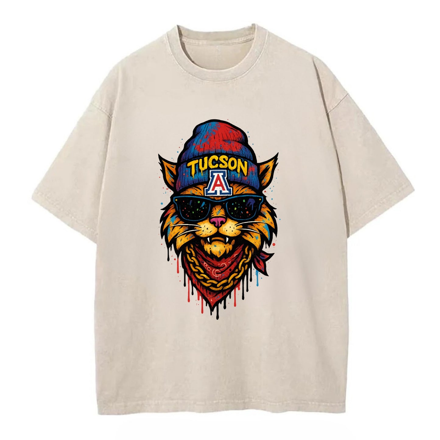Tucson Wildcat wearing Arizona beanie with A patch - Vintage T-shirt - Off White