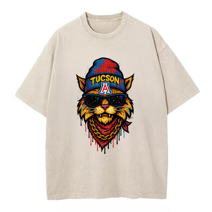 Tucson Wildcat wearing Arizona beanie with A patch - Vintage T-shirt - Off White