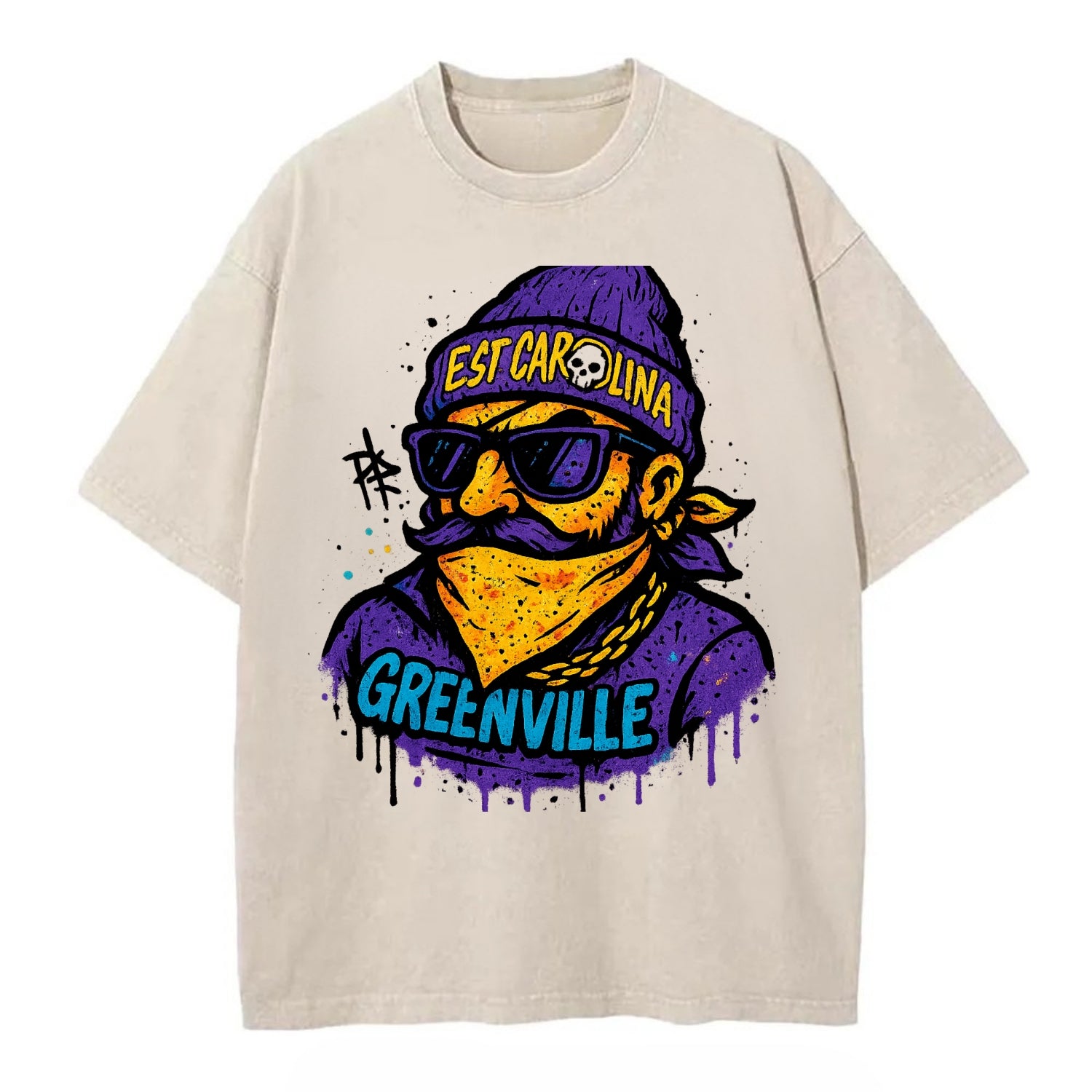 Greenville Pirate wearing East Carolina beanie with skull patch - Vintage T-shirt - Off White