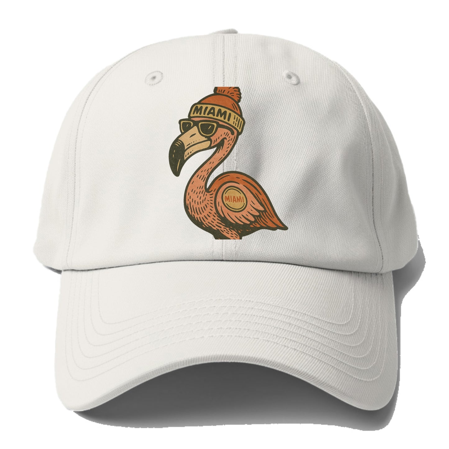 Miami Flamingo wearing Miami beanie with pom pom and wayfarer sunglasses - Baseball Cap - Off White
