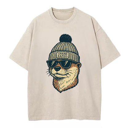 Grand Rapids River Otter wearing Grand Rapids beanie with pom pom and wayfarer - Vintage T-shirt - Off White