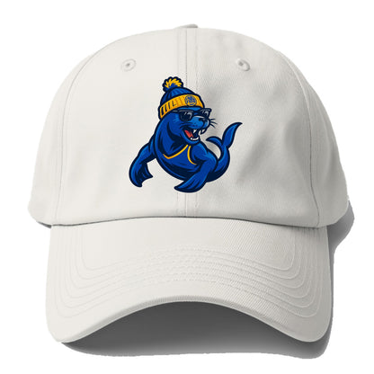 Bay Area Sea Lion wearing Warriors blue and gold beanie with Golden Gate and - Baseball Cap - Off White