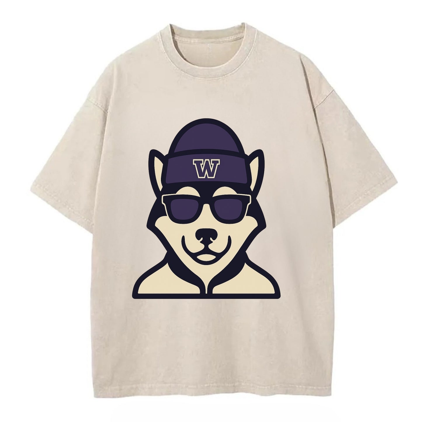 Seattle Husky wearing Washington beanie with W patch - Vintage T-shirt - Off White