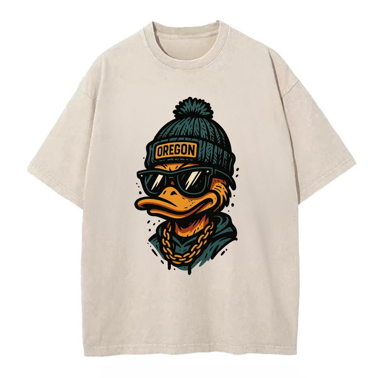 Eugene Duck wearing Oregon beanie with p - Vintage T-shirt - Off White