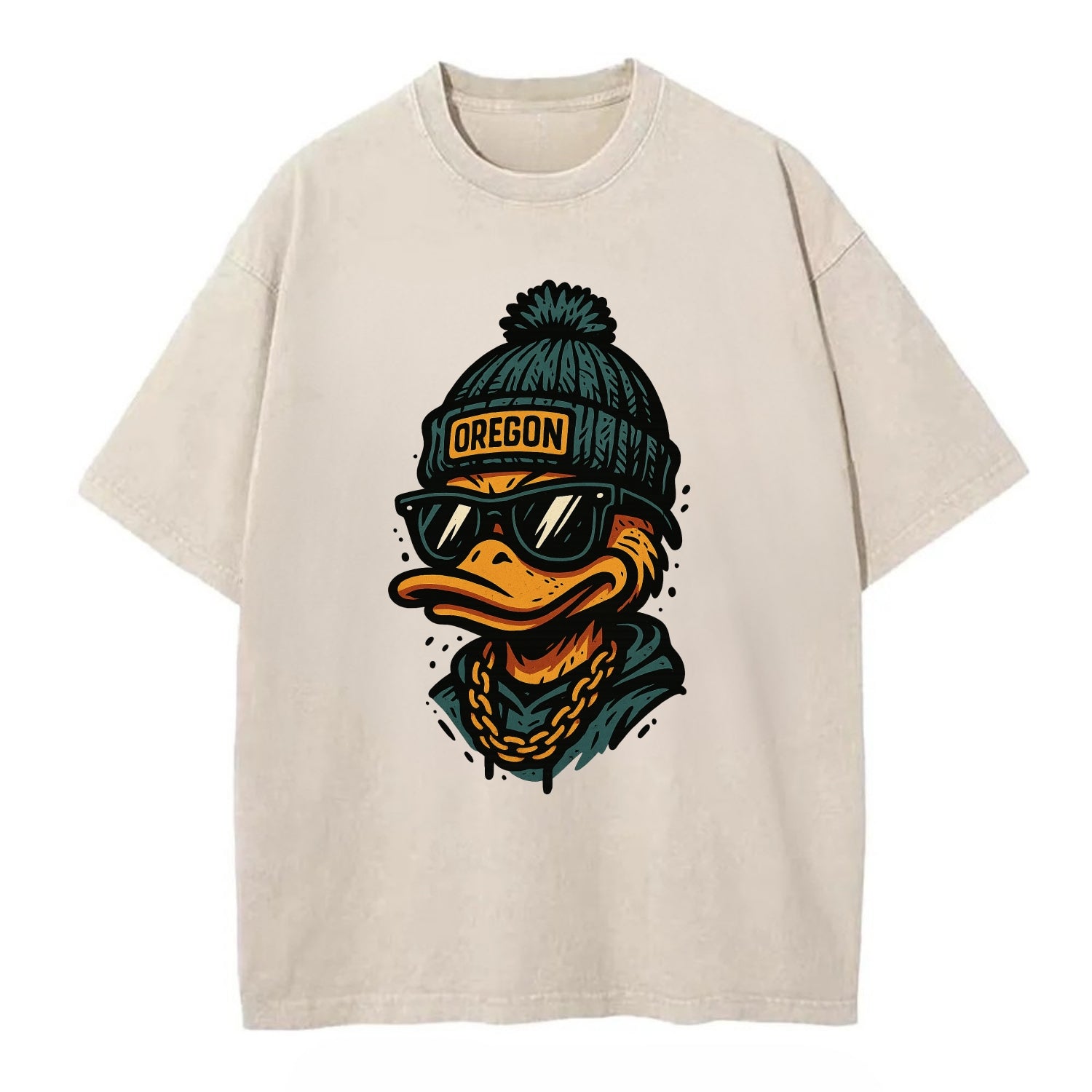 Eugene Duck wearing Oregon beanie with p - Vintage T-shirt - Off White