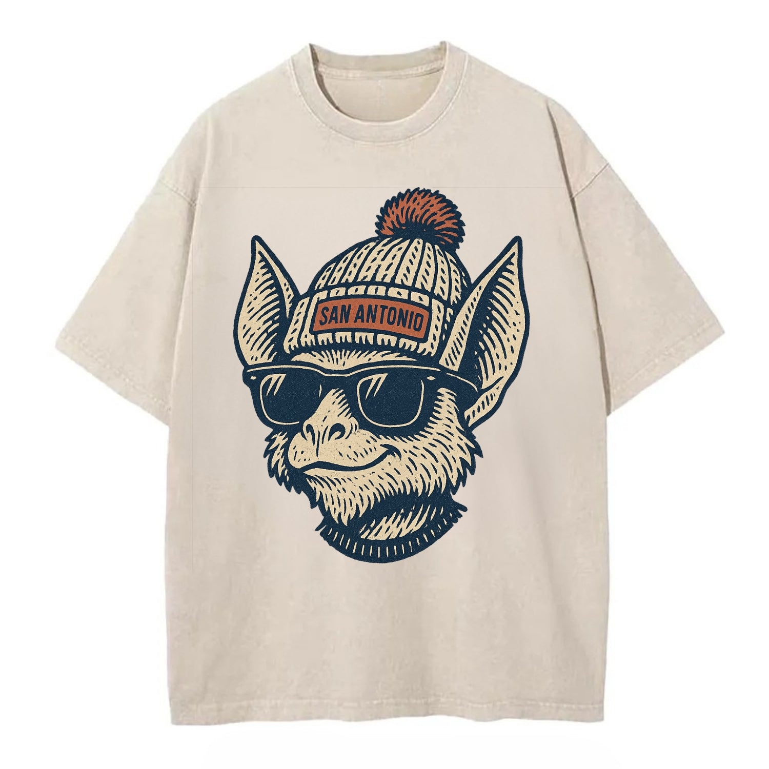 San Antonio Bat wearing San Antonio beanie with pom pom and wayfarer sunglasses - Vintage T-shirt - Off White