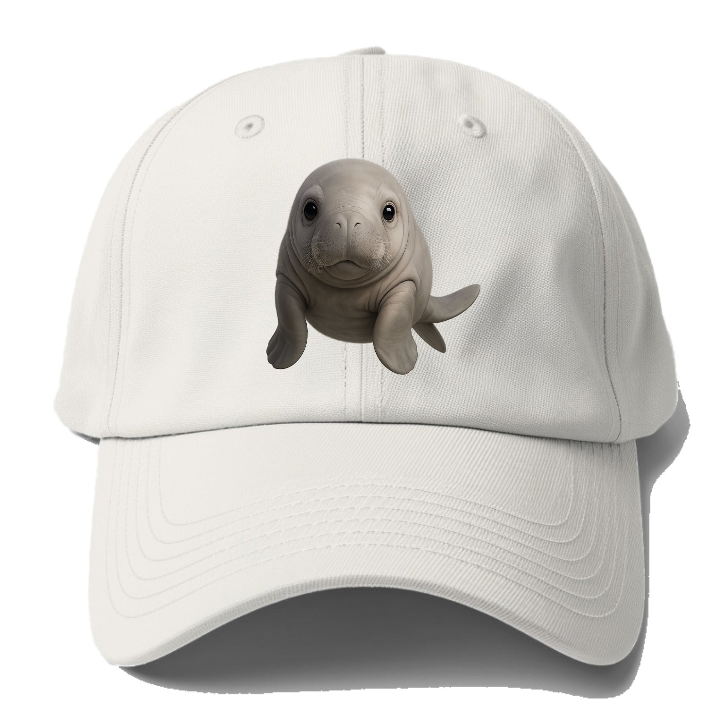 Baby Dugong - gray with paddle tail, gentle expression, whiskers, front-facing, sweet - Baseball Cap - Off White