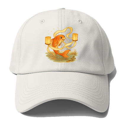 Koi weaving silk streamers through floating lanterns on tranquil water - Baseball Cap - Off White
