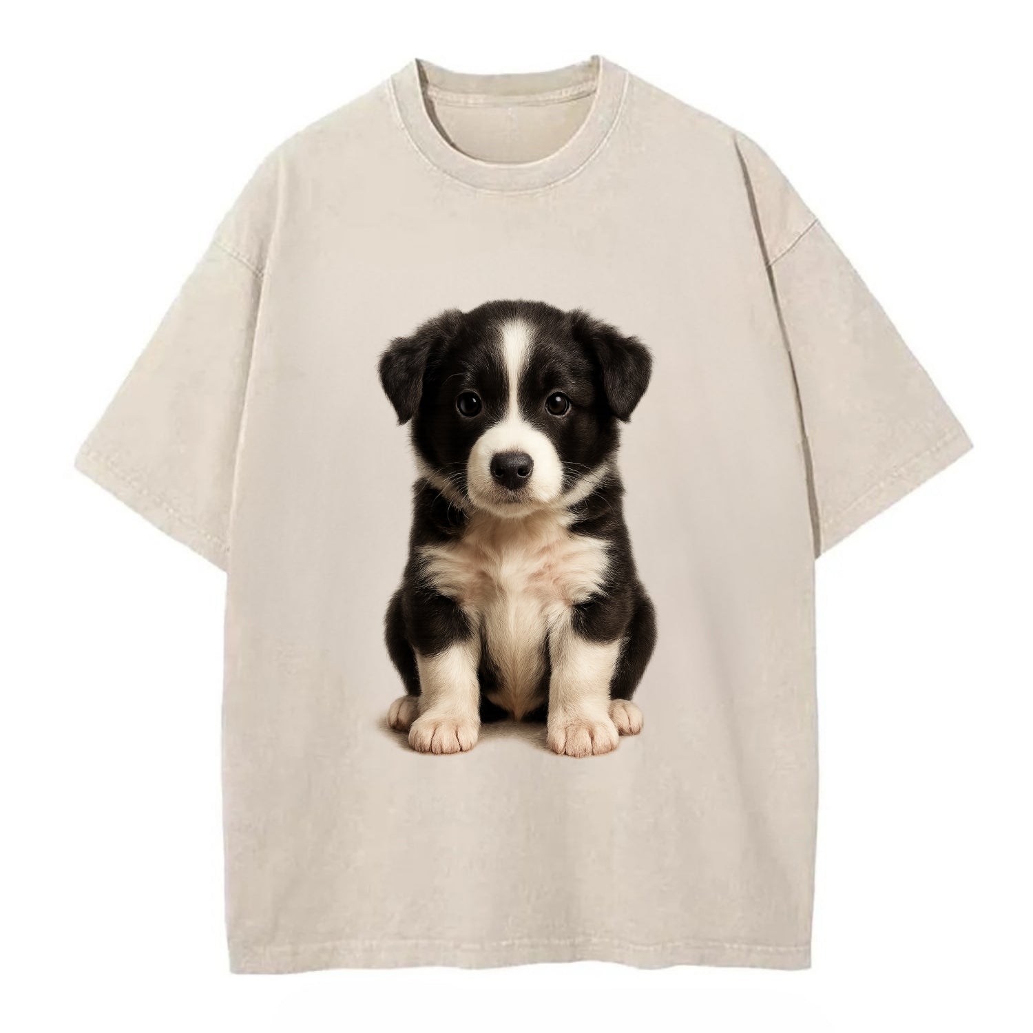 Baby Border Collie Puppy - black and white, intense smart eyes, athletic build, - Vintage T-shirt - Off White