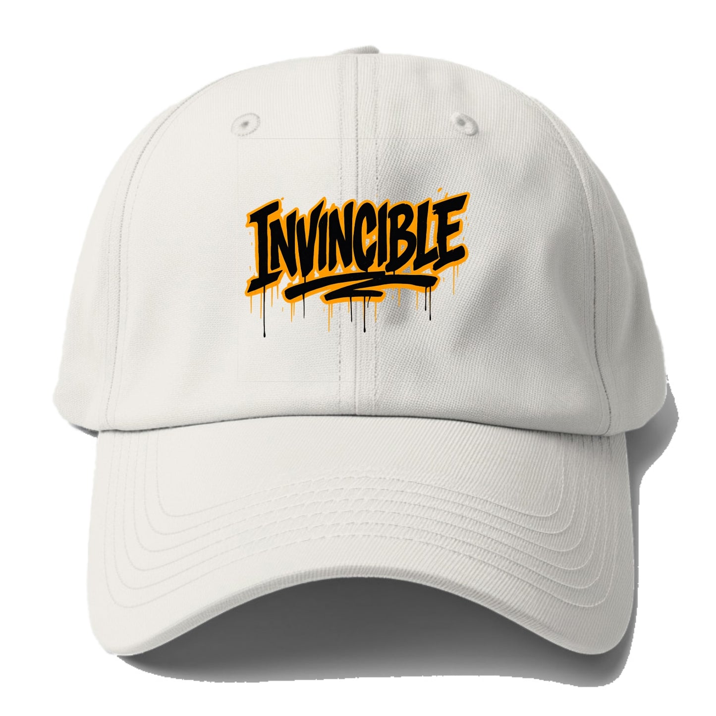 Bold typography design - "INVINCIBLE" - cannot be defeated, unconquerable - Baseball Cap - Off White